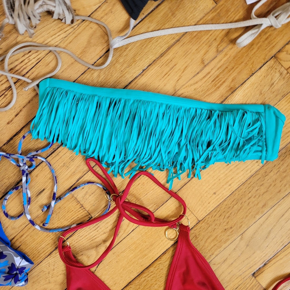 Blue fringe tube swimsuit L*Space Dolly Bandeau Fringe Bikini Top TIFfany blue